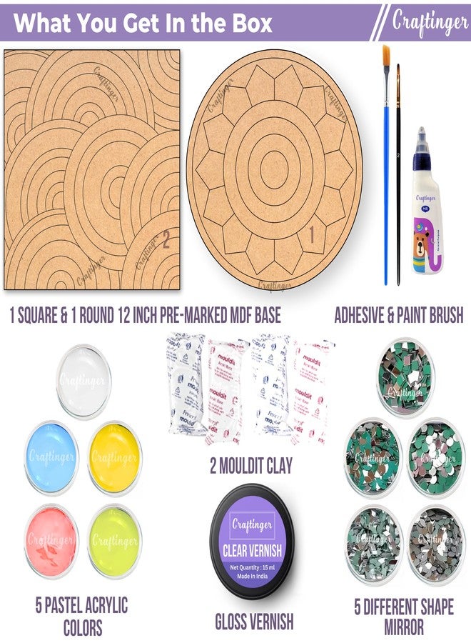 Craftinger Large Lippan Art Kit (12 Inch or 30 cm) - DIY Decor with Pre-Marked MDF Shapes, Acrylic Colors, and Mirrors,Multicolor - Image 2